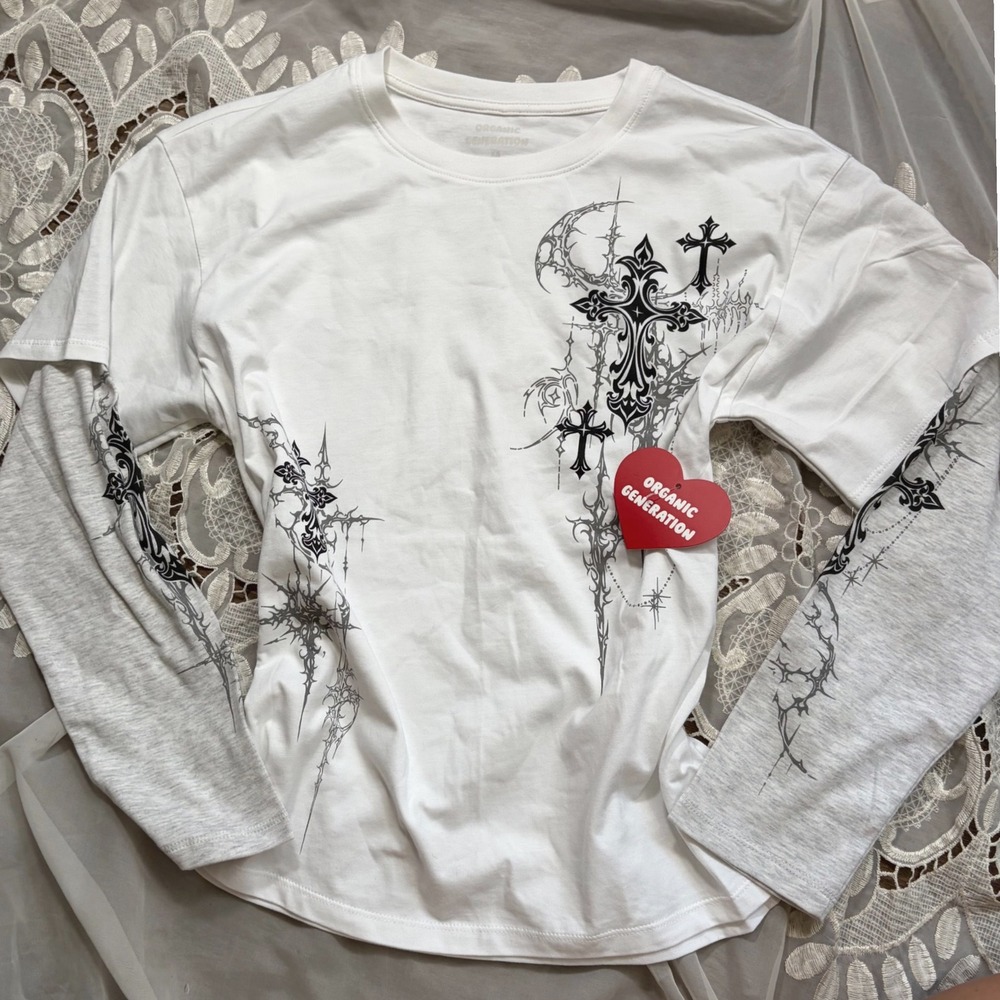 Y2K Grunge Gothic Cross Graphic Layered Long Sleeve Tee White XS